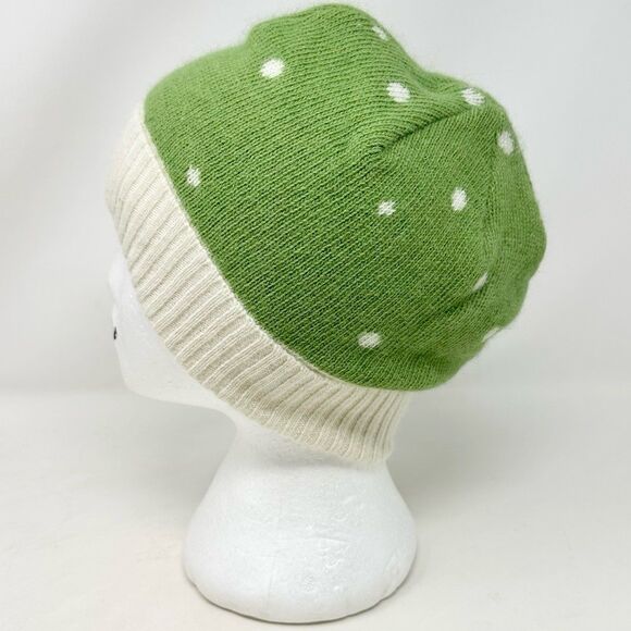 L.L. Bean Green & Ivory Polka Dot Knit Beanie Hat OSFA Angora Lambs Wool - Picture 4 of 9